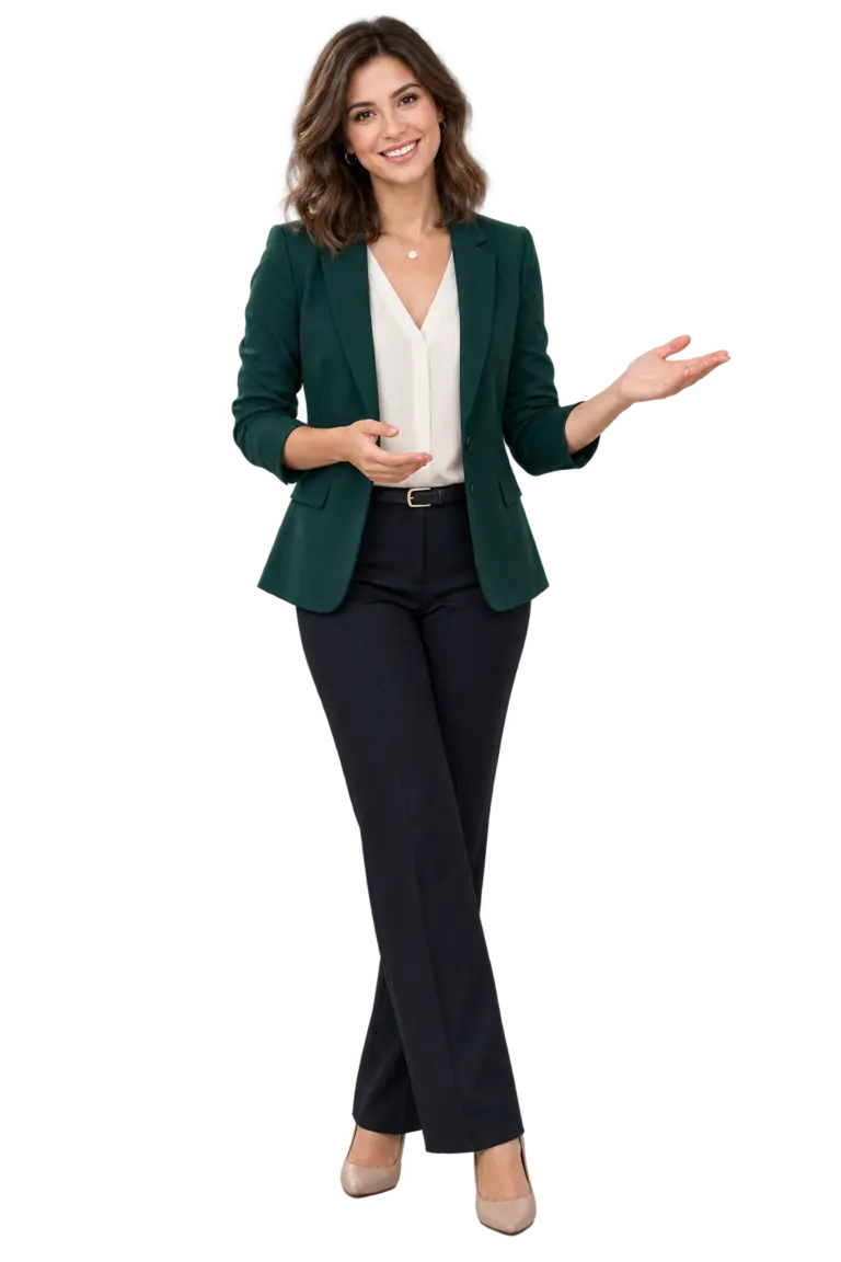 Iris, profesora de inglés, sonriente y de cuerpo entero